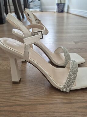 Catwalk White Slingback Heels with Sparkling Crystal Toe Strap